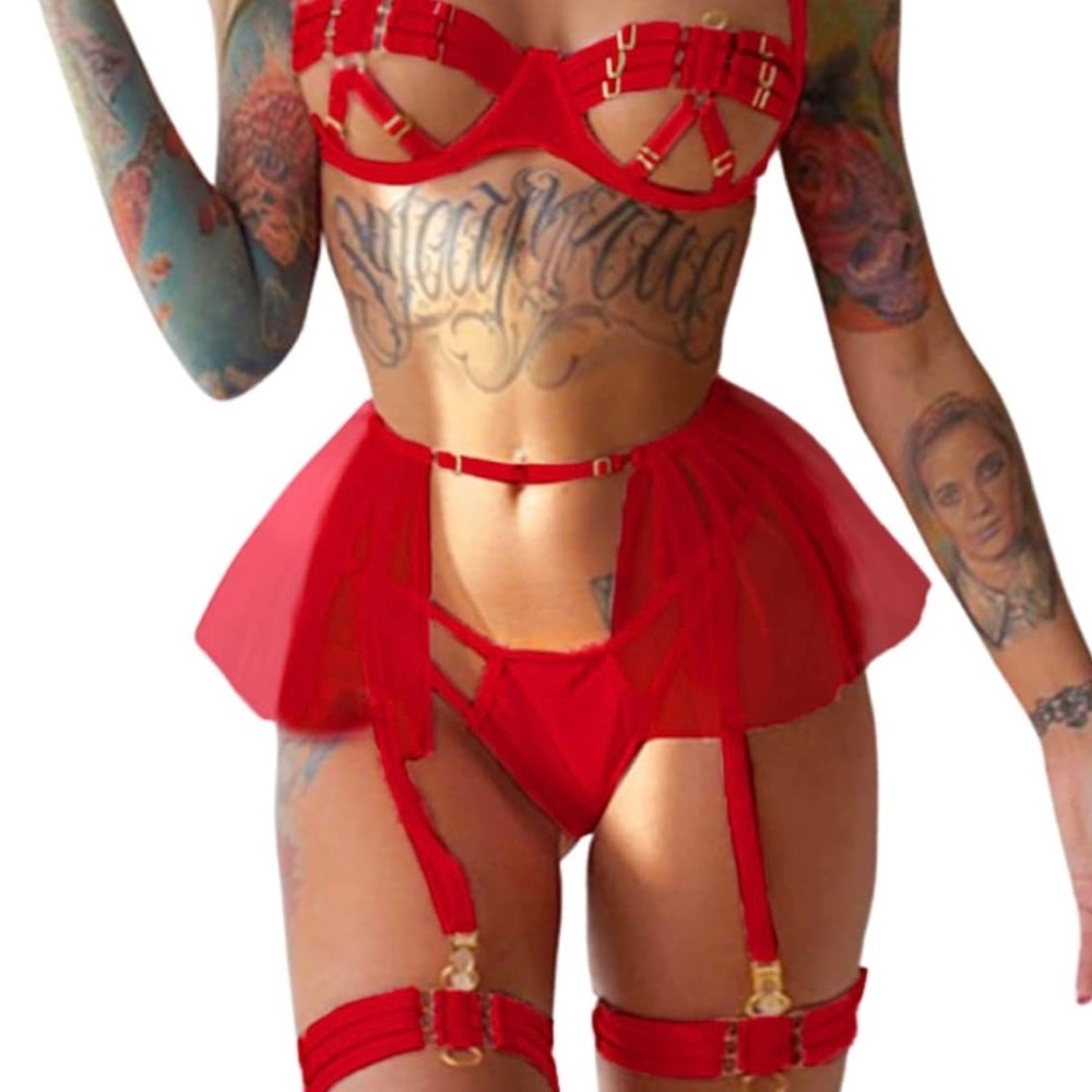 Strapy Red Lingerie Garter Belt Set
